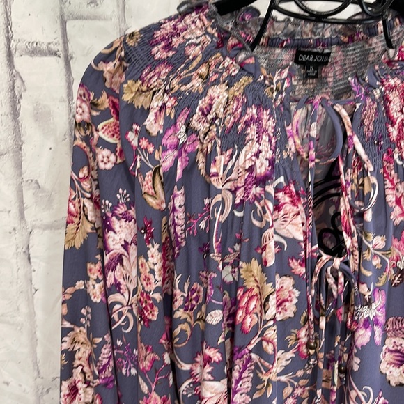 Dear John Blouse Floral Peasant Tie Front Ruffled Collar Smocked Balloon Sleeves - Picture 2 of 12